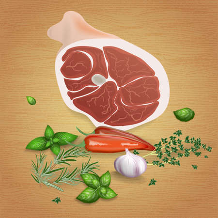 Pork ham with tasty sauces and spices. Mustard, ketchup, garlic, pepper, rosemary, basil, thyme. For use as logos on cards, in printing, posters, invitations, web design and other purposes.のイラスト素材
