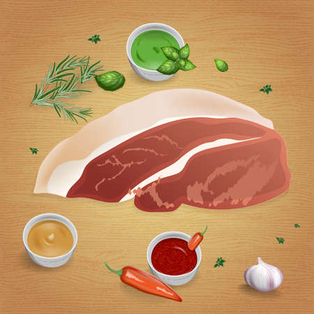 Pork with tasty sauces and spices. Mustard, ketchup, garlic, pepper, rosemary, basil, thyme. For use as logos on cards, in printing, posters, invitations, web design and other purposes.のイラスト素材
