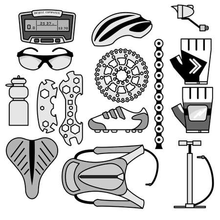 Collection of bicycle accessories vector line-art icons.  For use in printing, posters, web design.のイラスト素材