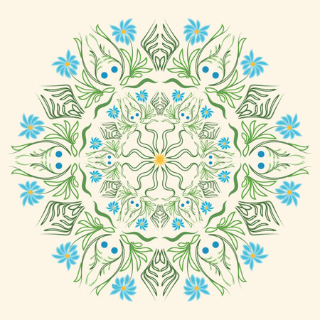 Round floral ornament mandala Indian style summer flowers and herbs  For use as logos on cards, in printing, posters, invitations, web design and other purposes.のイラスト素材