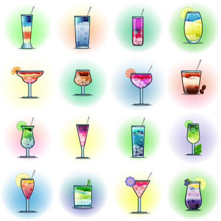 Set of cocktails on a color background. For use as logos on cards, in printing, posters, invitations, web design and other purposes.のイラスト素材