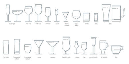 Set of wine glasses in a linear style. For use as logos on cards, in printing, posters, invitations, web design and other purposes.のイラスト素材