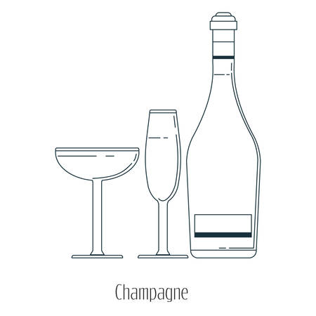 Vector illustration of  alcoholic drinks in bottles and wine glasses on a white background. Line art.のイラスト素材