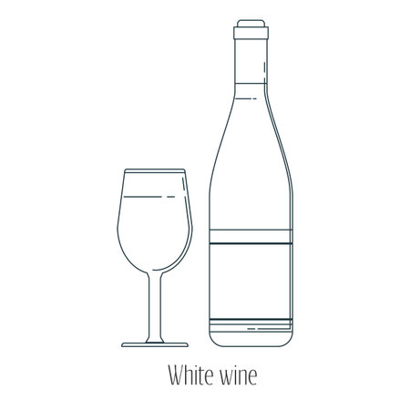 Vector illustration of  alcoholic drinks in bottles and wine glasses on a white background. Line art.のイラスト素材