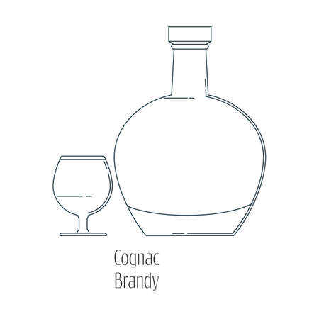 Vector illustration of  alcoholic drinks in bottles and wine glasses on a white background. Line art.のイラスト素材