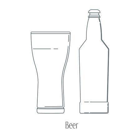 Vector illustration of  alcoholic drinks in bottles and wine glasses on a white background. Line art.のイラスト素材