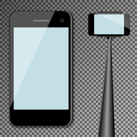 Mockup template black modern realistic smartphone with blue screen and selfie stick. Isolated.のイラスト素材
