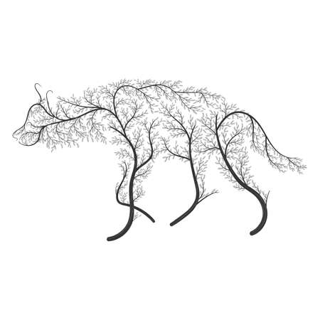 Silhouette of a hyena stylized by bushes on a white background.  For use as logos on cards, in printing, posters, invitations, web design and other purposes.のイラスト素材