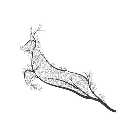 Wild deer jumping stylized bush. For use as logos on cards, in printing, posters, invitations, web design and other purposes.のイラスト素材
