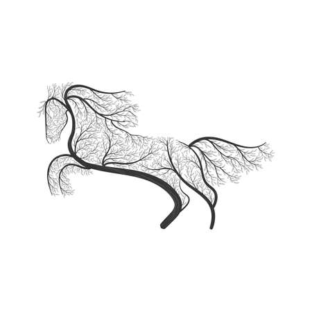 horse jumping stylized bush for use as logos on cards, in printing, posters, invitations, web design and other purposes.のイラスト素材