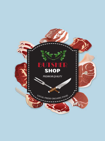 Design template for meat market.Butcher shop background. Advertising poster for a fresh meat shop In a realistic style.のイラスト素材