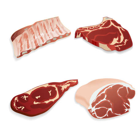 Realistic uncooked organic  beef, pork, lamb meat. For use as logos on cards, in printing, posters, invitations, web design and other purposes.のイラスト素材