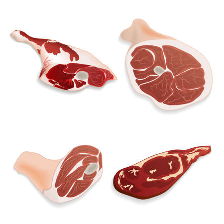 Realistic uncooked organic  beef, pork, lamb meat. For use as logos on cards, in printing, posters, invitations, web design and other purposes.のイラスト素材