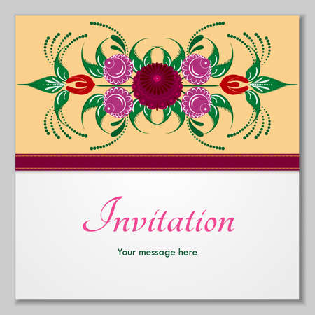 Greeting card with stylized flowers and ribbons, can be used as invitation card for wedding, birthday and other holiday and summer background.のイラスト素材