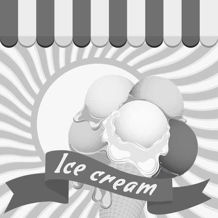Black-and-white poster - large wafer ice cream cone with name and marquise for used for wallpaper, printing on the packaging paper, textiles.のイラスト素材