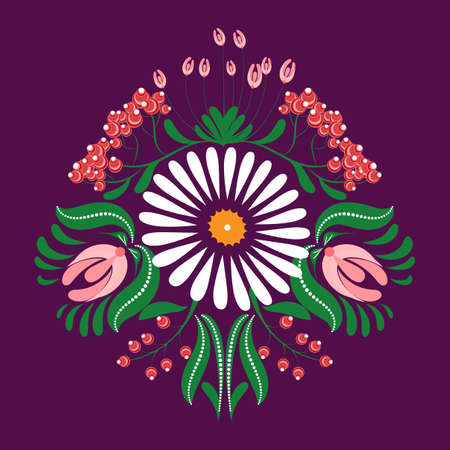 Slavic folk traditional vegetable pattern. Rose buds, chamomile and rowan berries brushes for used for wallpaper, printing on the packaging paper, textiles.のイラスト素材