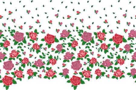 Seamless border pattern of pink and red roses and buds. For used for wallpaper, printing on the packaging paper, textiles.のイラスト素材