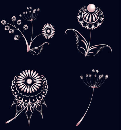 Set of elements of floral ornament from pink gold. For used for web, wallpaper, printing on the packaging paper, textiles.のイラスト素材