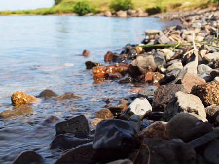 Nature on the lake. Sunny summer day. Piece. Stones in water