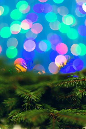Fir brunch on sparkling background with place for text. New year decoration. New year decoration background, flat lay, top view, horizontal, copy space. Lightsの写真素材