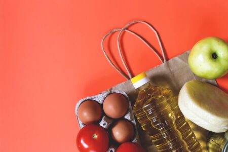 Zero waste. Food products on background table. Plastic free concept. Eco shopping. Food donation. Help. Delivery food. Coronavirus food deliveryの写真素材