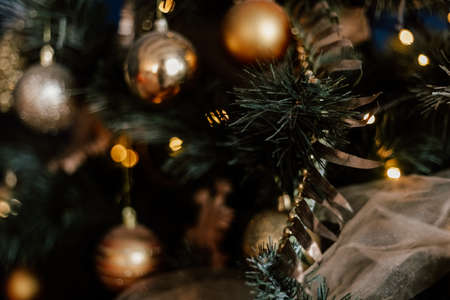 Blurred picture of christmas tree with lights and spruce branch. Defocused new year background with space for textの写真素材