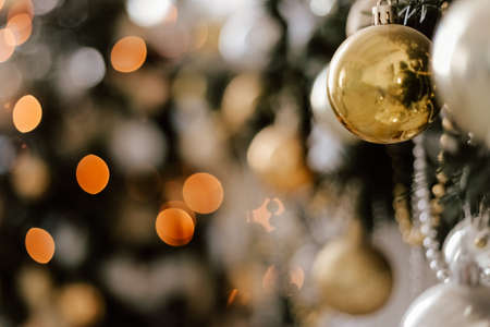 Blurred picture of christmas tree with lights and spruce branch. Defocused new year background with space for textの写真素材
