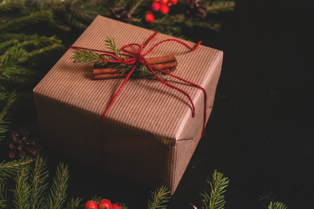 Christmas composition. Handmade gift box decorated with craft paper, with brunches on dark background. Copy spaceの写真素材
