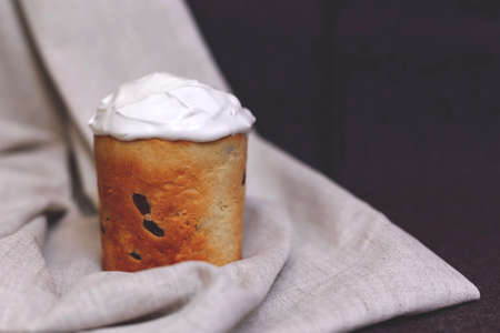 Easter pastries and colored eggs on a textile background. Traditional pastries for Orthodox holidays.の写真素材