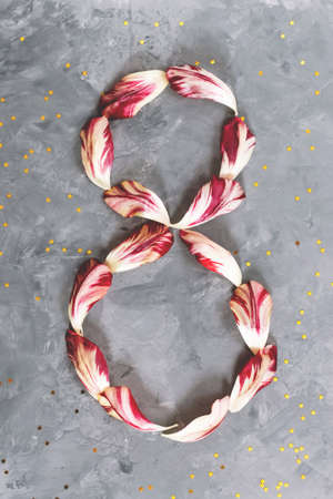 Bouquet of red and white tulips on grey background. Mothers day, Valentines Day, Birthday celebration.の写真素材