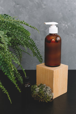Spa cosmetics in brown glass bottles on natural background of moss,wood, tree bark and fern. Copy space for text.の写真素材