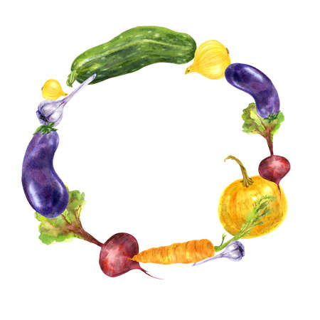 Round frame with vegetables. Watercolor vegetables for menu, invitation, cardの写真素材