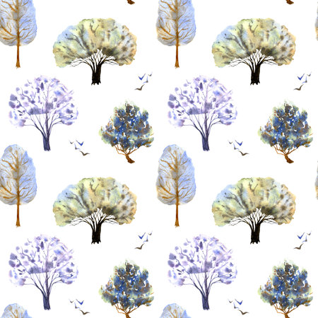 Forest ornament. Watercolor seamless pattern on a white background. Hand drawn illustration.の写真素材