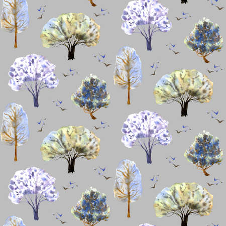 Seamless pattern with winter trees on a gray background. Forest and birds in blue color. Hand-drawn watercolor design.の写真素材