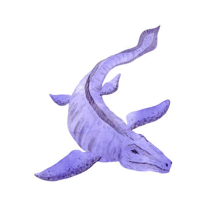 Mosasaurus isolated on white. Water dinosaur predator in violet color. Watercolor illustration. Design, children thingsの写真素材