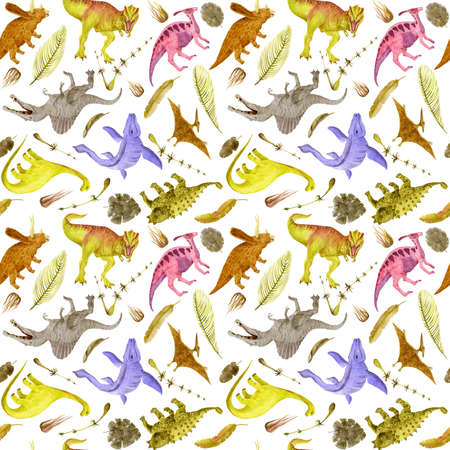 Dinosaurs wallpaper. Seamless pattern on white. Watercolor illustration. For background, cover, textile, packaging.の写真素材
