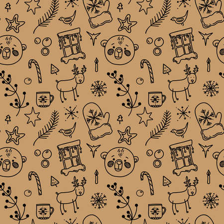 Christmas pattern on a red background. Santa Claus, snowman, gifts in doodle style. Vector illustration. Perfect for covering, package, textile, backgroundのイラスト素材