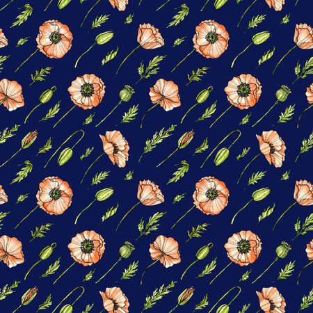 Blue poppy pattern. Red flowers, buds and green leaves. Ink and watercolor illustration. Textile, packaging, backdropの写真素材