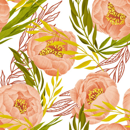 Pink peonies seamless pattern. Buds and leaves on white background. Illustration for wrapping,...