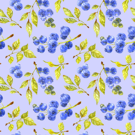 Blueberry pattern on light blue background. Green branches and ripe berries. Watercolor illustration