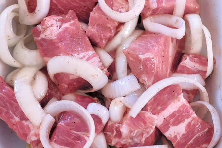 Pieces of raw fillet pork meat with onion and spices marinating for shashlik, closeup top view....
