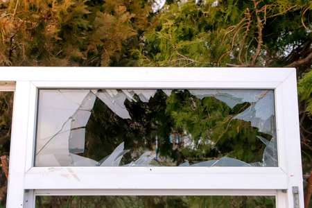 Part of white window frame with broken glass on the background of trees in the city Park....
