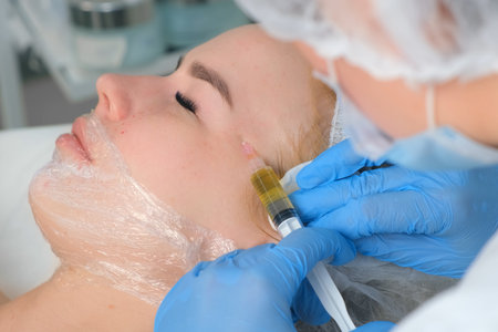 PRP therapy in beauty clinic. Cosmetologist is doing injections of blood plasma to womans face to cure problem skin, closeup side view. Treatment of skin in cosmetology for young female.の写真素材