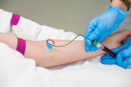 Laboratory worker doctor takes a blood sample for analysis, hand closeup. Blood sampling in the laboratory. Taking a blood in cosmetology clinic before PRP therapy procedure.の写真素材