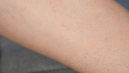 Unshaved leg of woman with long black hairs, closeup view. Bodycare at home. Body positive, natural view concept.の写真素材
