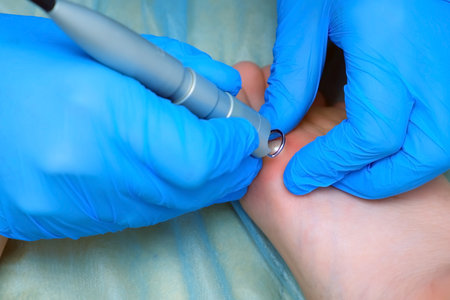 Surgeon is removing wart on teen boys foot using laser in hospital, hands in gloves closeup. Remove papillomavirus verruca on leg. One day surgery concept. Sore and wound after operation.の写真素材