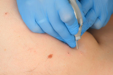 Surgeon removing many small moles using laser on mans body, burning skin, closeup view. One day surgery concept. Removing papilloma or birthmark, surgical procedure.の写真素材