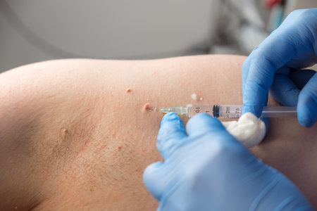 Surgeon in gloves gives injection of local anesthesia to patient before laser removing of moles or papillomas, closeup armpit. One day surgery concept. Removing nevus or birthmark. Cosmetic treatment.の写真素材