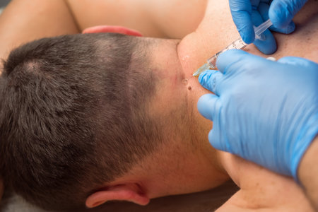 Surgeon in gloves gives injection of local anesthesia to patient before laser removing of moles or papillomas, closeup neck. One day surgery concept. Removing nevus or birthmark. Cosmetic treatment.の写真素材