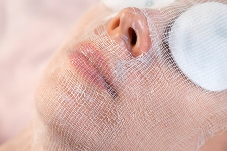 Professional beautician is applying lip balm on womans lips in cosmetology clinic, closeup view. Cosmetologist doctor is making beauty procedure against facial wrinkles. Anti-aging effect.の写真素材